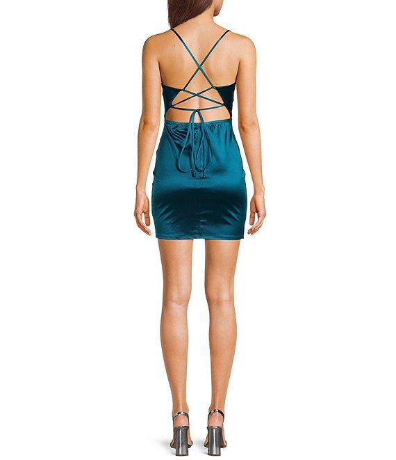Honey and Rosie Satin Lace-Up Back Wrap Mini Dress Product Image