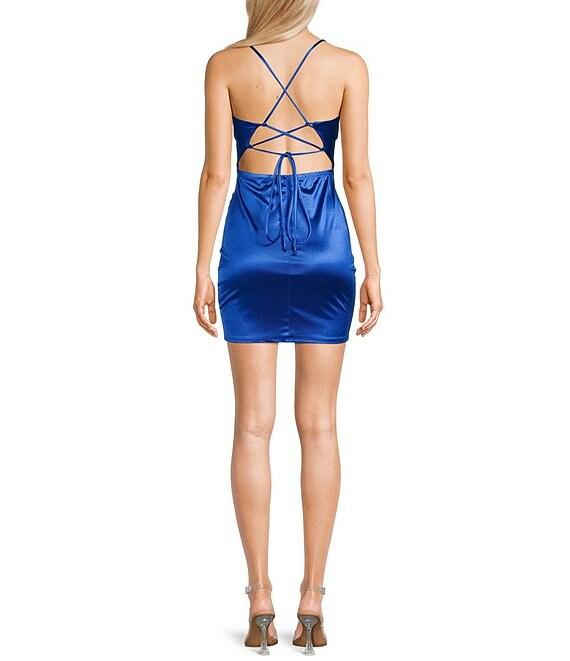 Honey and Rosie Satin Lace-Up Back Wrap Mini Dress Product Image