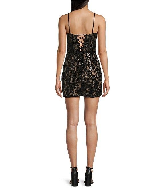 Blondie Nites Sequin Lace V-Neck Spaghetti Strap Corset Tie Back Dress Product Image
