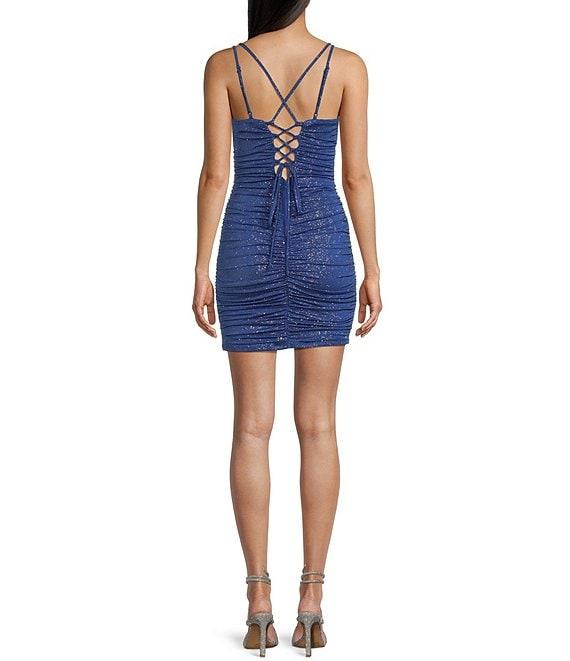 City Vibe Spaghetti Strap Notch Glitter Ruched Lace-Up Back Dress Product Image