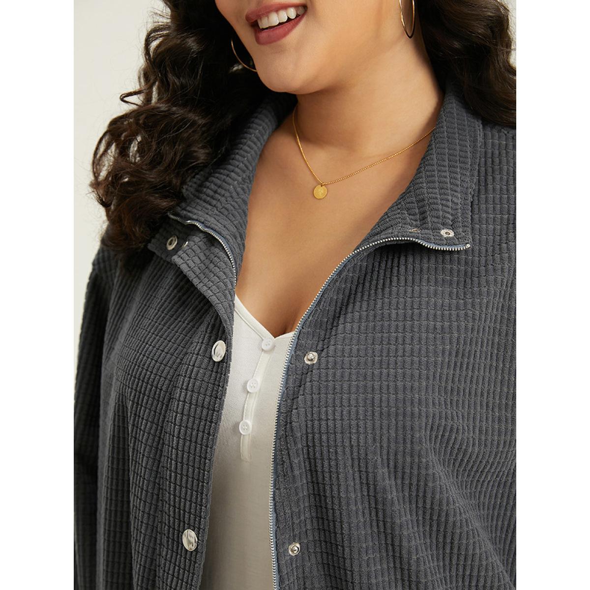 Plus Size Solid Texture Button Through Pocket Shacket Women Gray Elastic cuffs Pocket Everyday Jackets BloomChic 26/4X Product Image