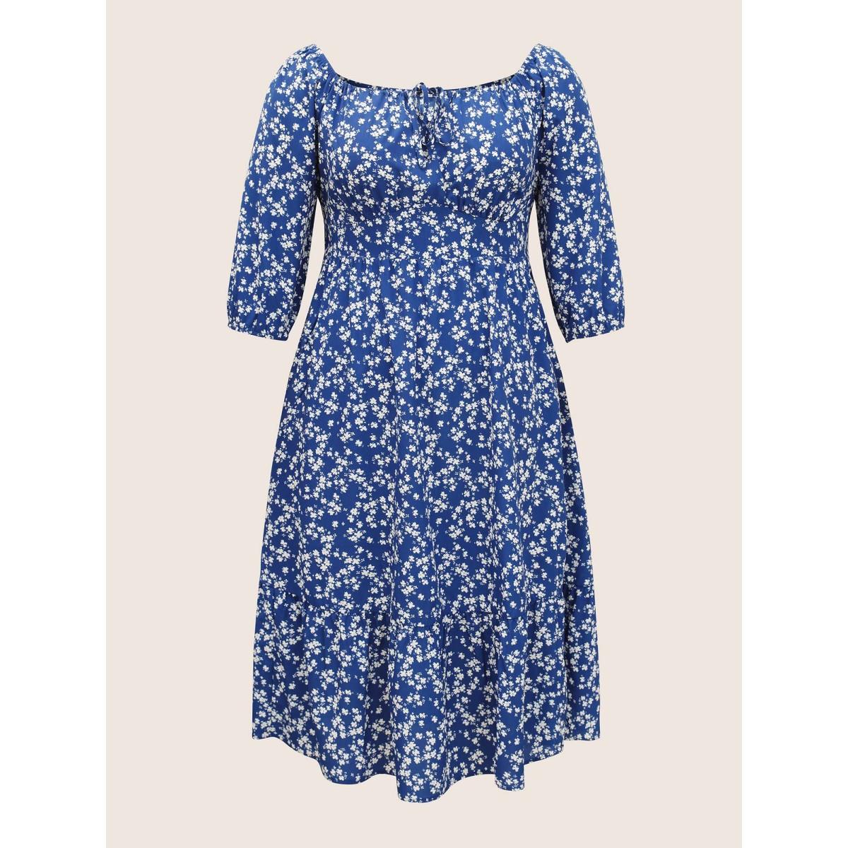 Plus Size Ditsy Floral Pocket Tie Neck Shirred Dress Navy Women Elegant Non Notched collar Elbow-length sleeve Curvy Midi Dress BloomChic 26/4X Product Image