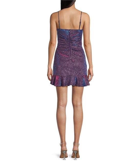 City Vibe Metallic Sweetheart Neck Ruched Drop Waist Ruffled Dress Product Image