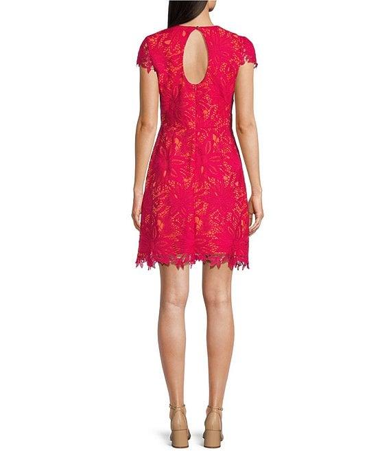 Vince Camuto Lace Round Neck Cap Sleeve Fit and Flare Dress Product Image