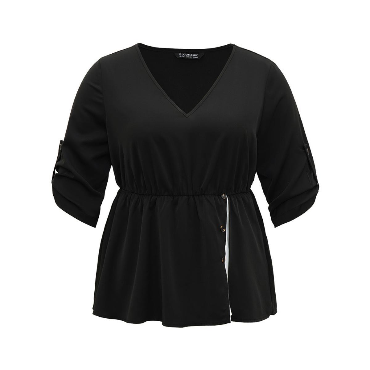 Plus Size Black Contrast Button Detail Tab Sleeve Blouse Women At the Office Elbow-length sleeve V-neck Office Blouses BloomChic 10/M Product Image