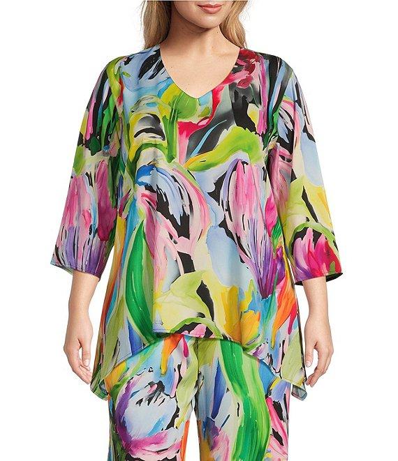 Caroline Rose Plus Coordinating Brilliant Bouquet Breezy Stretch Woven V-Neck 3/4 Sleeve Tunic Product Image