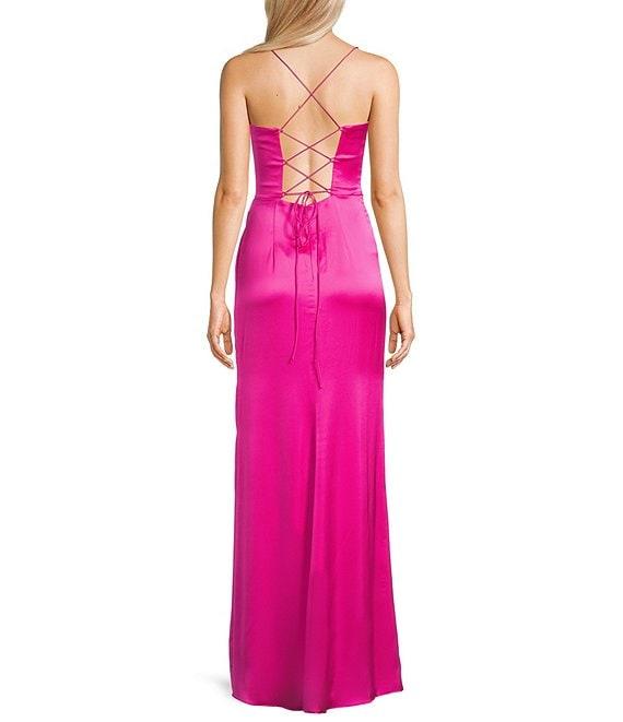 GB Social Corset Cowl Neck Lace-Up Back Slit Hem Satin Long Dress Product Image
