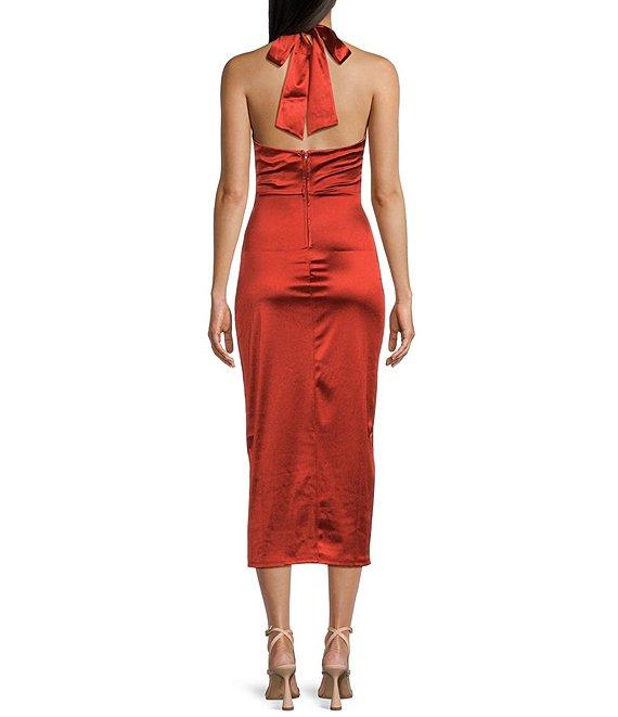 Honey and Rosie Royal Sateen Halter Plunge V-Neck Cummerbund Inspired Waist Midi Dress Product Image