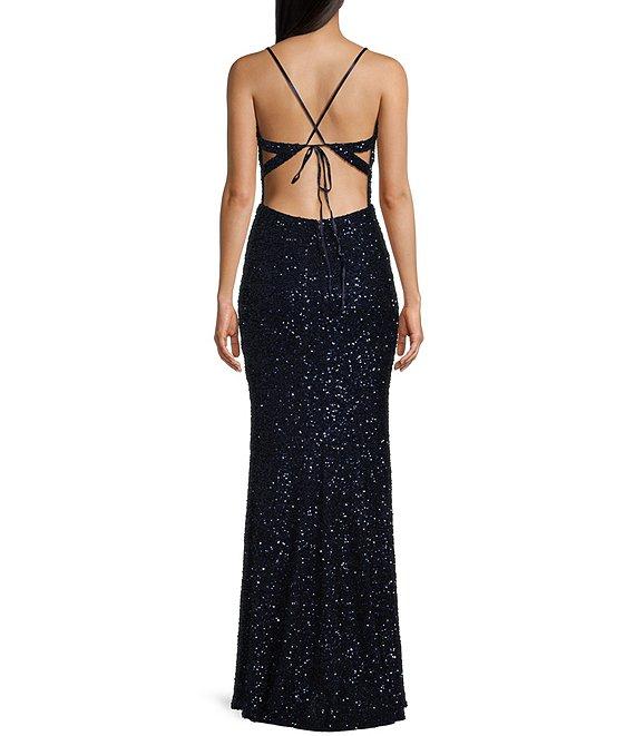 B. Darlin Mesh Sequin Spaghetti Strap V-Neck Dress Product Image