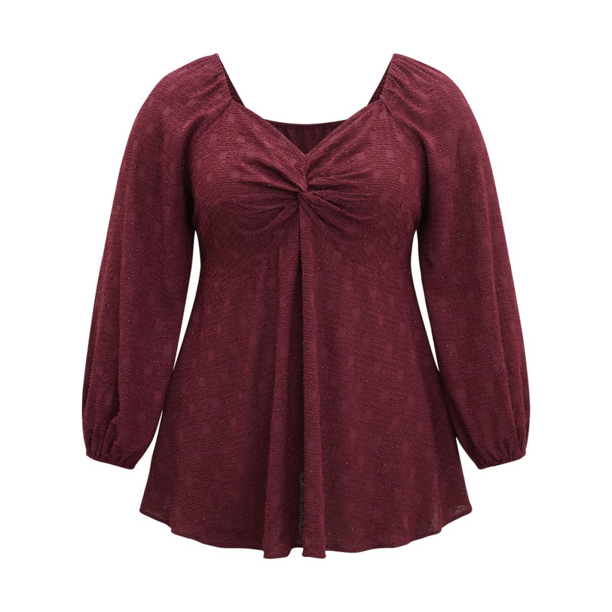 Plus Size Scarlet Solid Glitter Twist Front Gathered Blouse Women Cocktail Long Sleeve V-neck Party Blouses BloomChic 30/6X Product Image