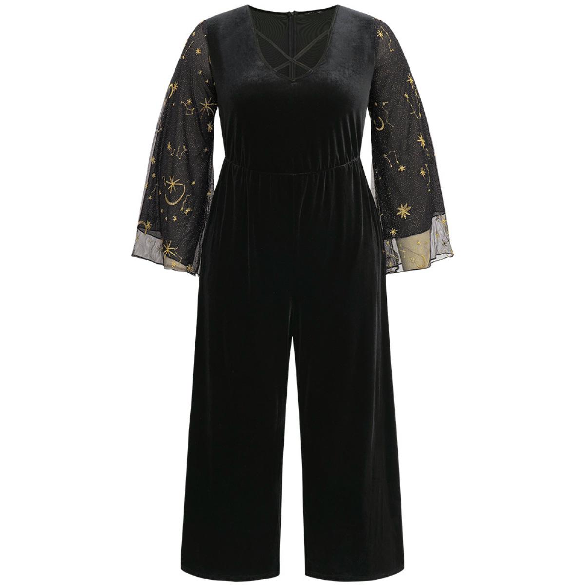 Plus Size Black Halloween Moon & Star Glitter Mesh Crisscross Neck Jumpsuit Women Elegant Long Sleeve Square Neck Festival-Halloween Loose Jumpsuits BloomChic 14-16/1X Product Image