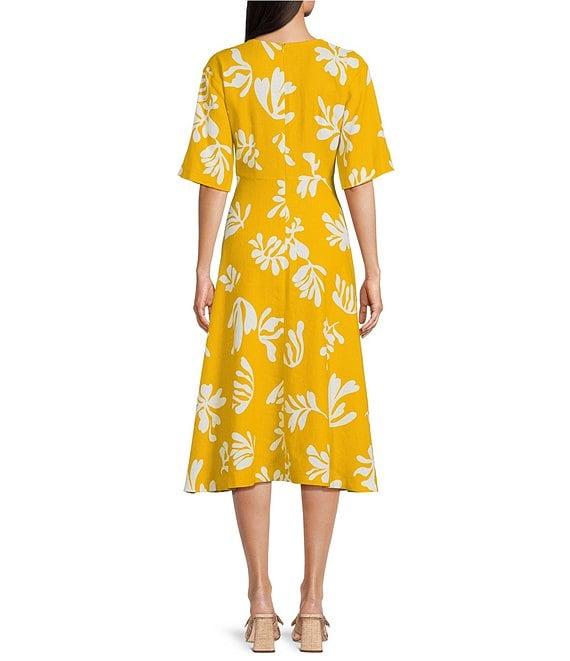 Marella Molise Summer Leaf Print Linen Blend Keyhole V-Neck Elbow Short Sleeve Fit & Flare Midi Dress Product Image
