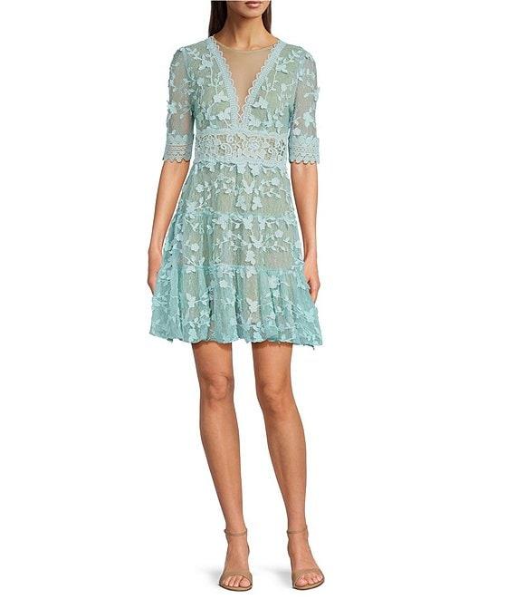 Adrianna Papell Floral Lace Embroidery V-Neck Short Sleeve Tiered Mini A-Line Dress Product Image