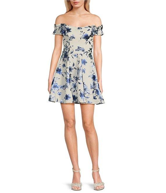 City Vibe Strapless Off The Shoulder Ruffled Elastic Sleeve Skater Dress Product Image