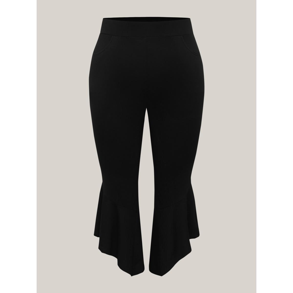 Plus Size Stretchy Ruffled Hem Cropped Pants Women Black Leisure Bodycon Mid Rise Casual Pants BloomChic 14-16/1X Product Image