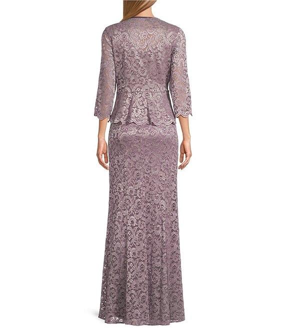 R & M Richards Petite Size Scallop Lace Charmeuse Metallic Mermaid Jacket Dress Product Image