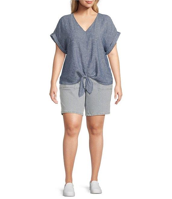 Westbound Plus Size Linen Blend Short Sleeve V-Neck Tie Front Top Product Image