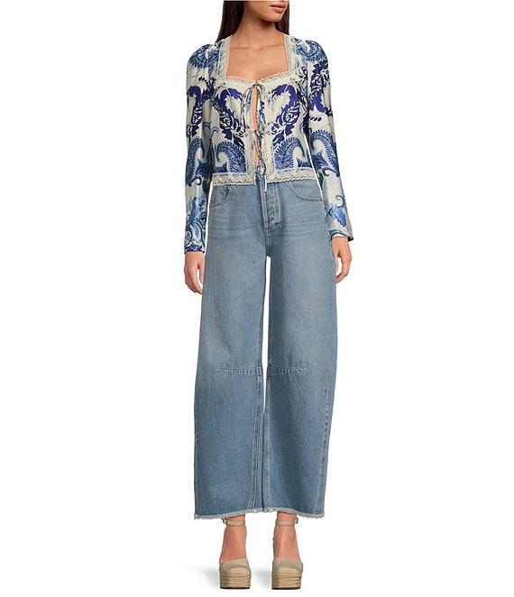 Gianni Bini Callie Satin Lace Trim Tie Front Square Neck Long Sleeve Chambray Blouse Product Image