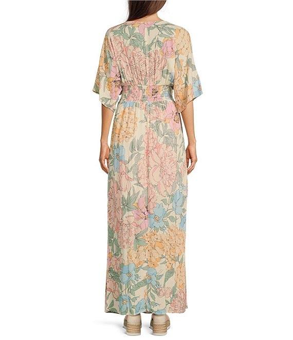 Charlie B. Floral Print V-Neck 3/4 Dolman Sleeve Smocked Maxi A-Line Dress Product Image