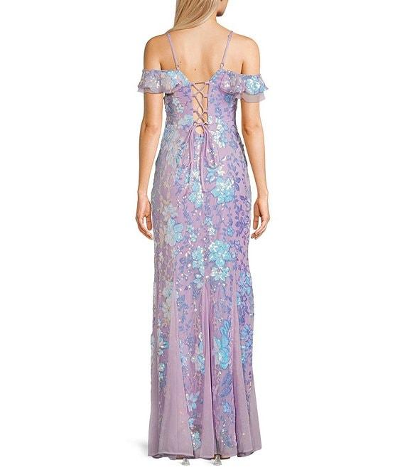 Morgan & Co. Floral Sequin V-Neck Off-The-Shoulder Sleeve Dress Product Image