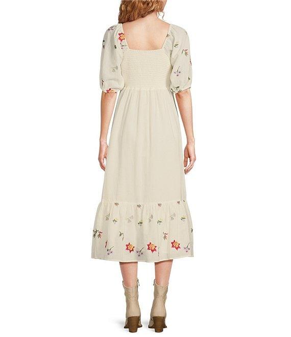 Reba Woven Mesh Floral Embroidery Square Neck 3/4 Puff Sleeve Tiered A-Line Midi Dress Product Image
