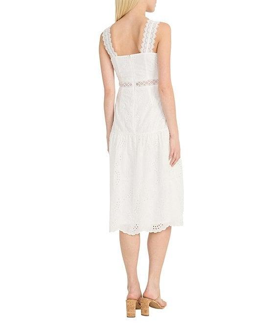 Donna Morgan Eyelet Square Neck Sleeve Lace Trim Blouson Midi Dress Product Image