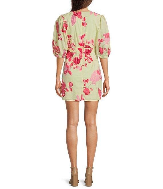 J.Marie Alara Floral Print Scoop Neck 3/4 Puff Sleeve Ruched Faux Wrap Dress Product Image