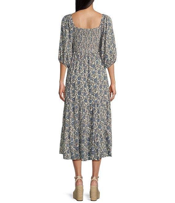 Angie Allover Floral Print Sweetheart Neck 3/4 Sleeve Smocked Bodice Midi Dress Product Image