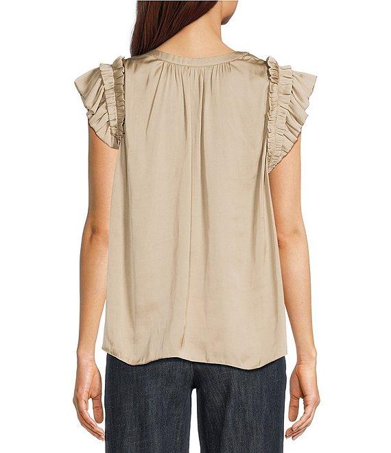 Current Air Split Tie V-Neck Flutter Sleeve Blouse Product Image