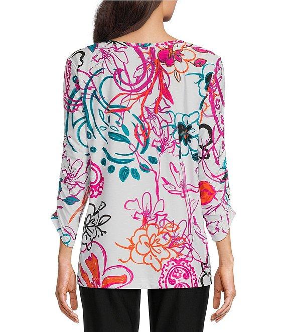 Ali Miles Abstract Floral V-Neck 3/4 Cinch Sleeve Tunic Product Image