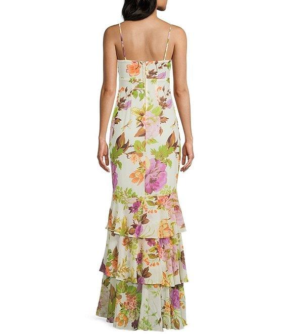 City Vibe Chiffon Floral Print Drape Neck Drop Waist Ruffle Tiered Maxi Dress Product Image