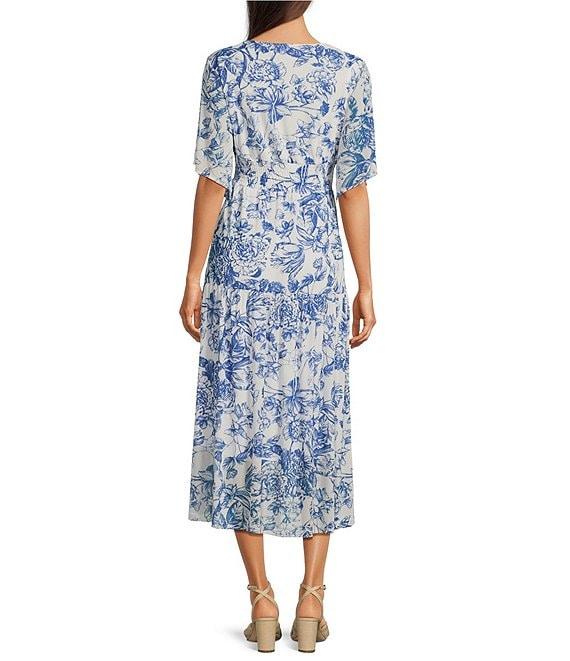 Calessa Porcelain Floral Print V-Neck Elbow Sleeve A-Line Midi Dress Product Image
