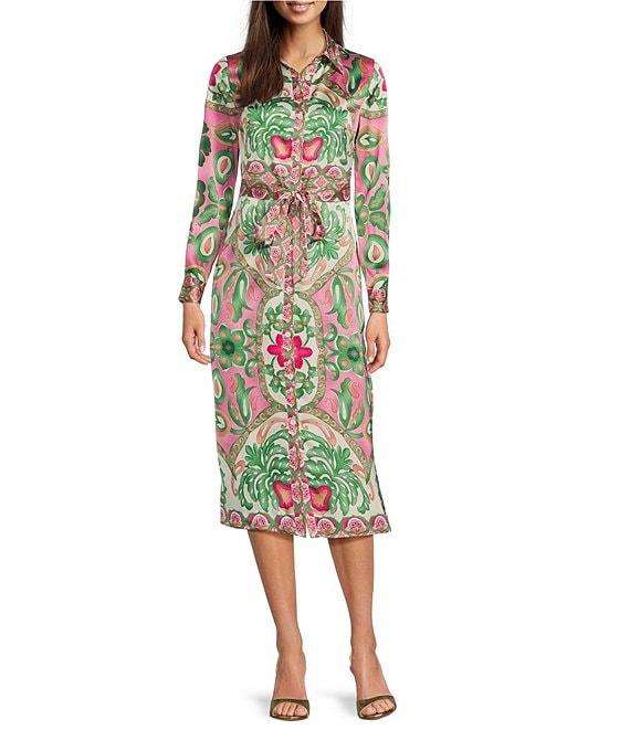 Terani Couture Paisley Print Point Collar Neck Long Sleeve Button Front Tie Belt Shirt Midi Dress Product Image