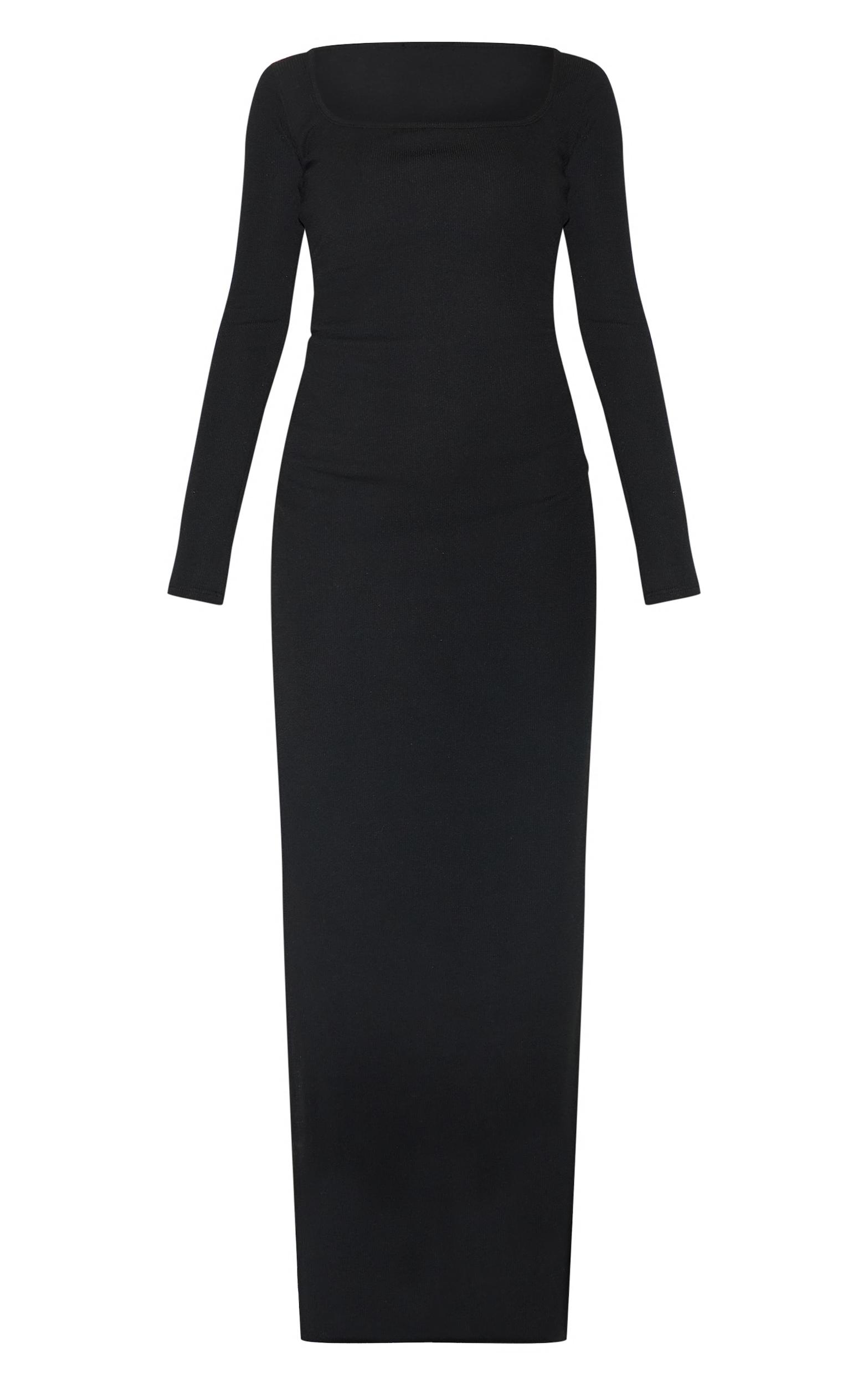 Petite Black Ribbed Long Sleeve Maxi Dress Product Image