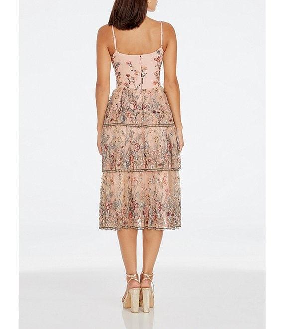 Dress the Population Loretta Floral Beaded Embroidered Sleeveless Tiered Midi Dress Product Image