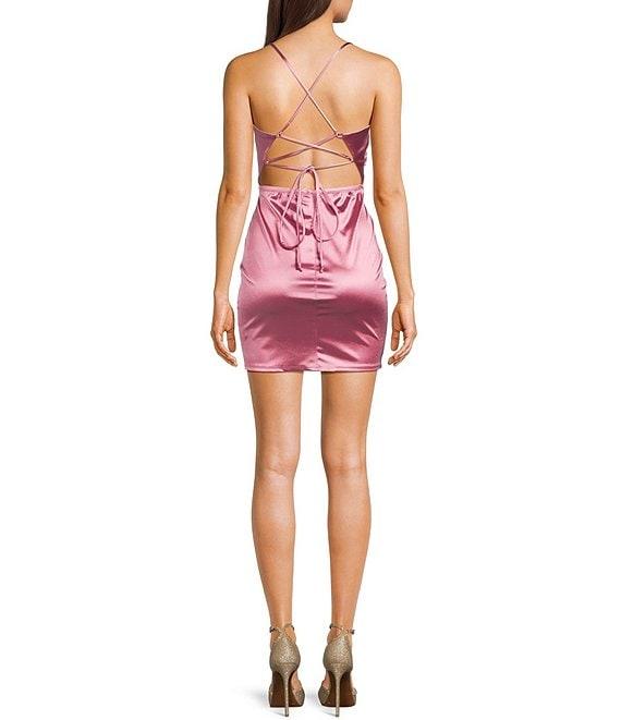 Honey and Rosie Satin Lace-Up Back Wrap Mini Dress Product Image