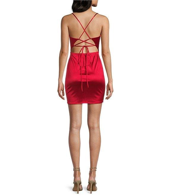 Honey and Rosie Satin Lace-Up Back Wrap Mini Dress Product Image