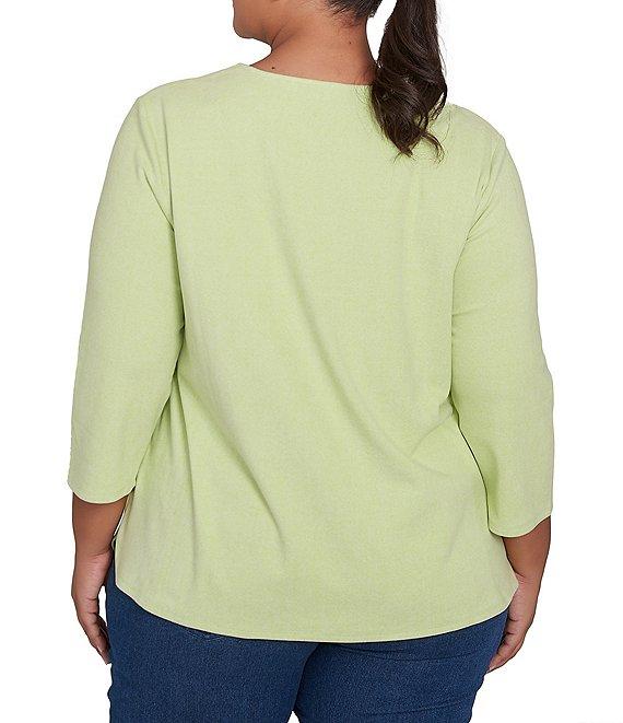 Ruby Rd. Plus Size Knit 3/4 Sleeve Split V-Neck Lacing Rib Top Product Image
