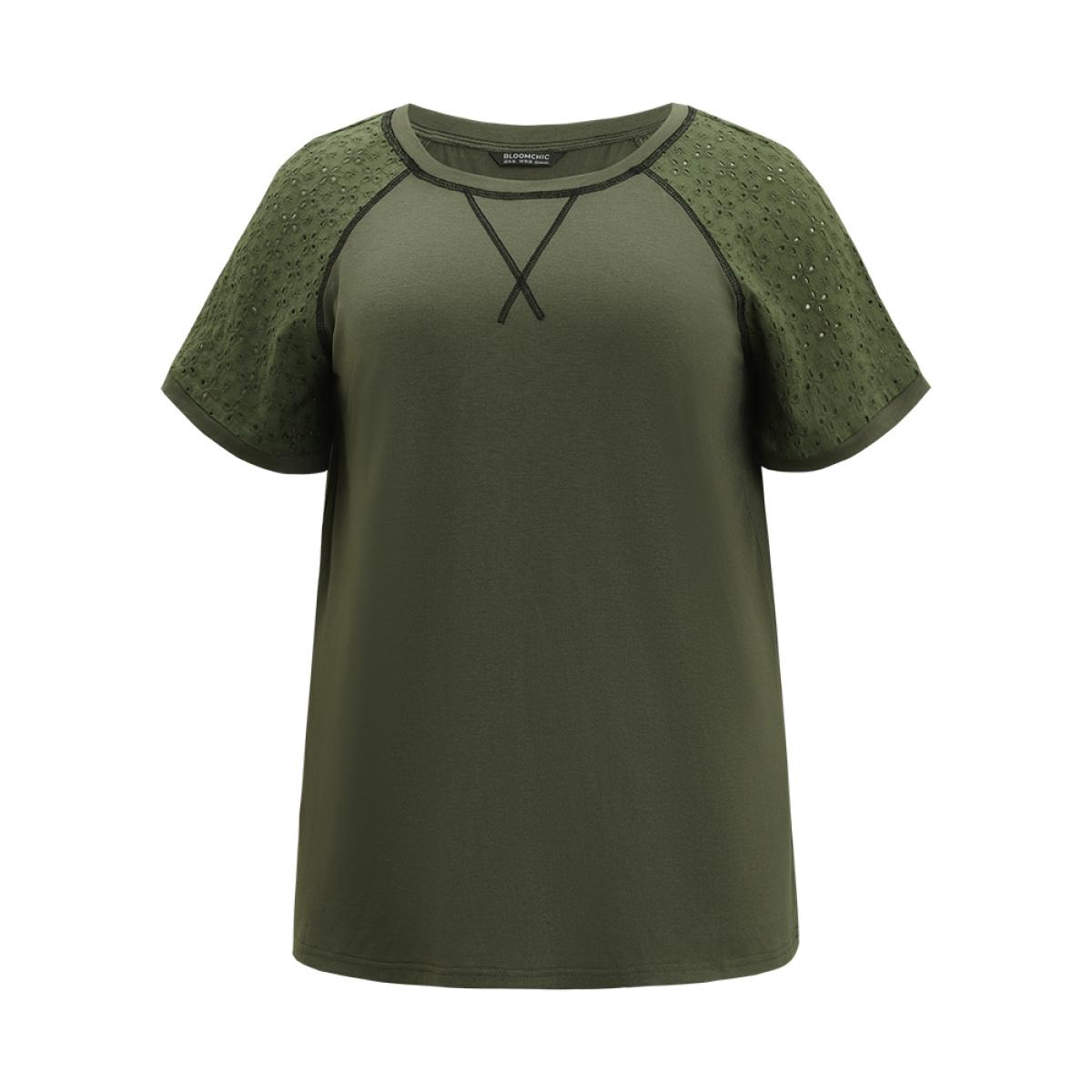 Plus Size Plain Patchwork Broderie Anglaise Raglan Sleeve T-shirt ArmyGreen Women Elegant Plain Plain Round Neck Dailywear T-shirts BloomChic 22-24/3X Product Image