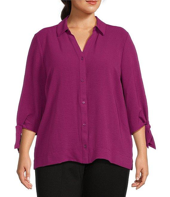 Slim Factor by Investments Plus Size Nicole Point Collar Y-Neck 3/4 Tie Sleeve Button Front Top Product Image