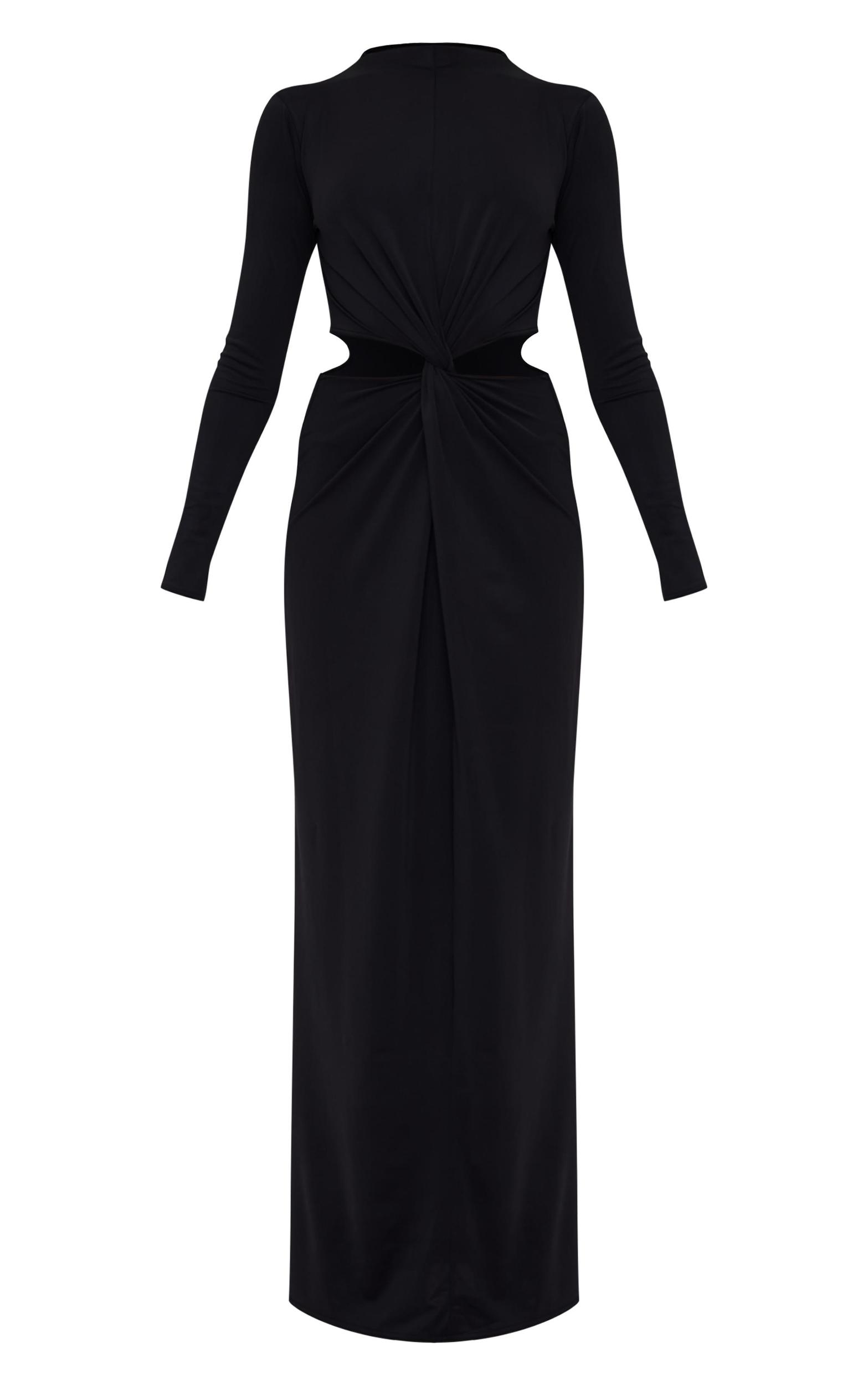  Black Matte Sculpt Cut Out Twist Long Sleeve Maxi Dress Product Image