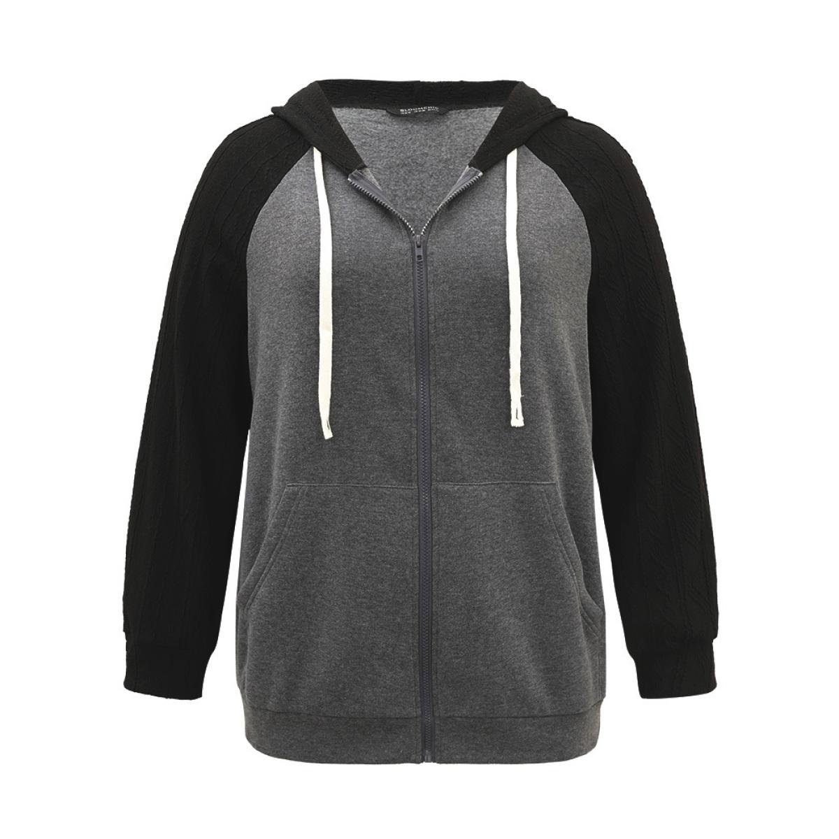 Plus Size Two Tone Textured Jacquard Hooded Jacket Women DimGray Contrast Pocket Dailywear Jackets BloomChic 10/M Product Image