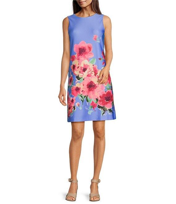 Anne Klein Scuba Floral Print Crew Neck Sleeveless Shift Mini Dress Product Image