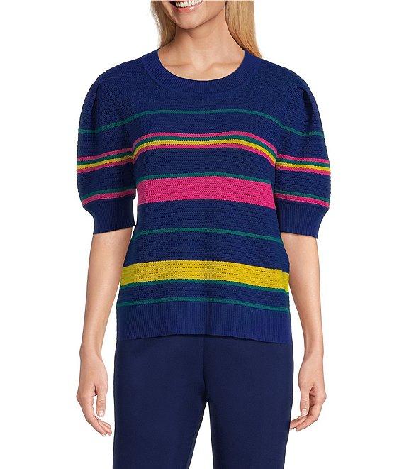 Investments Petite Size Olive Stripe Novelty Short Sleeve Crew Neck Sweater Top Product Image