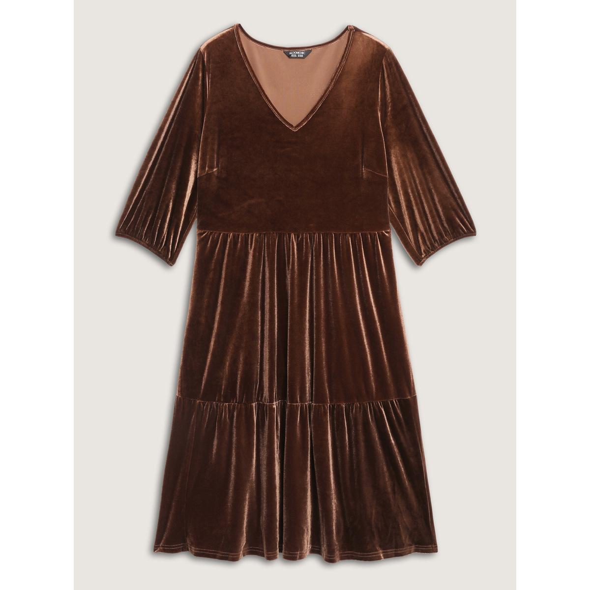 Plus Size Velvet V-Neck Cinched-Waist Midi Dress Browncoffeecolor Women Leisure Gathered V-neck Elbow-length sleeve Curvy BloomChic 26/4X Product Image