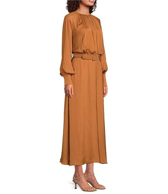 Gibson & Latimer Moonshadow Satin Ruched Crew Neck Long Sleeve Belted Blouson Maxi Dress Product Image