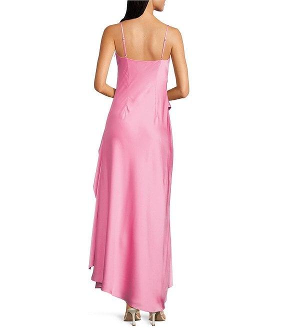 Gianni Bini Quinn Ruffle Draped V-Neck Sleeveless Satin Dress Product Image