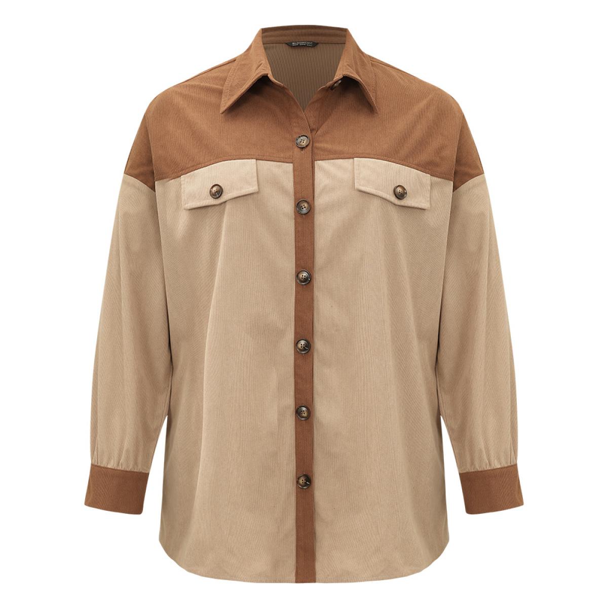 Plus Size Two Tone Button Through Patchwork Coat Women Tan Casual Contrast Ladies Dailywear Winter Coats BloomChic 14-16/1X Product Image