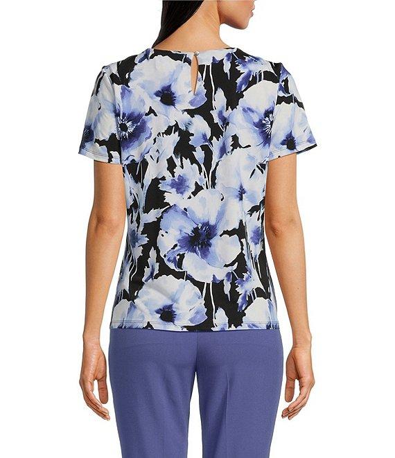 Calvin Klein Printed Matte Jersey Pleated Crew Neck Short Sleeve Blouse Product Image