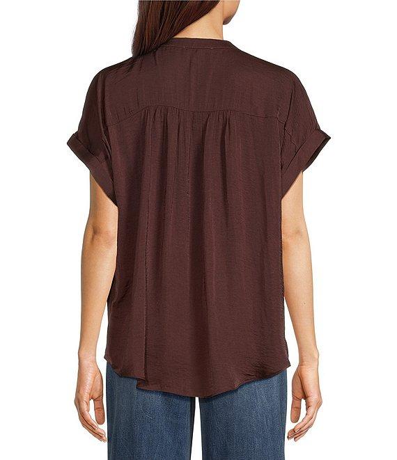 Gibson & Latimer Moonshadow Satin Split Round Neck Dropped Short Roll Tab Sleeve Hi-Low Shirttail Blouse Product Image